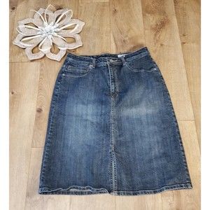 CHICO'S PLATINUM SIZE 1 BLUE DENIM STRAIGHT SKIRT KNEE LENGTH